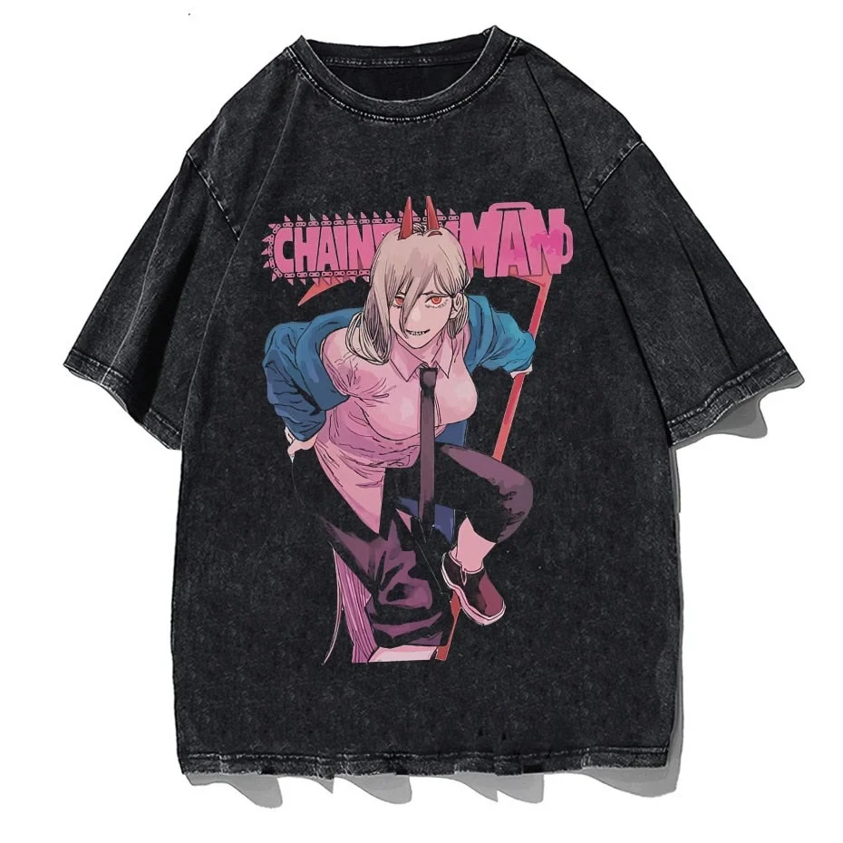 Chainsaw Man Denji White Metal Graphic T Shirt 2026 Summer Washed Black Unisex Loose Fit Short Sleeve Streetwear Anime Tee view 5