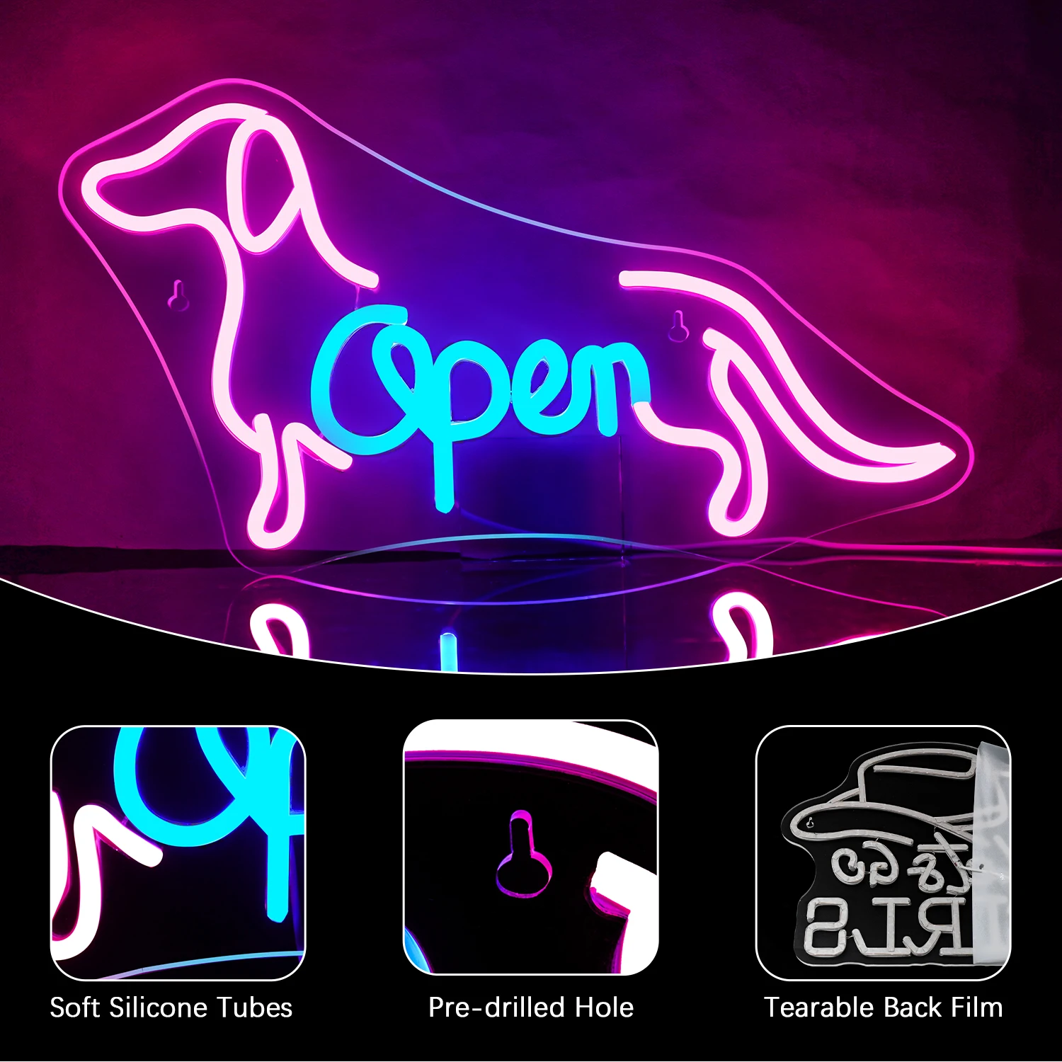 LED Illuminated Sign Neon Light Commercial Home Décor Customized 'Sausage Dog+Open' Bedrooms Game Rooms Pet Stores