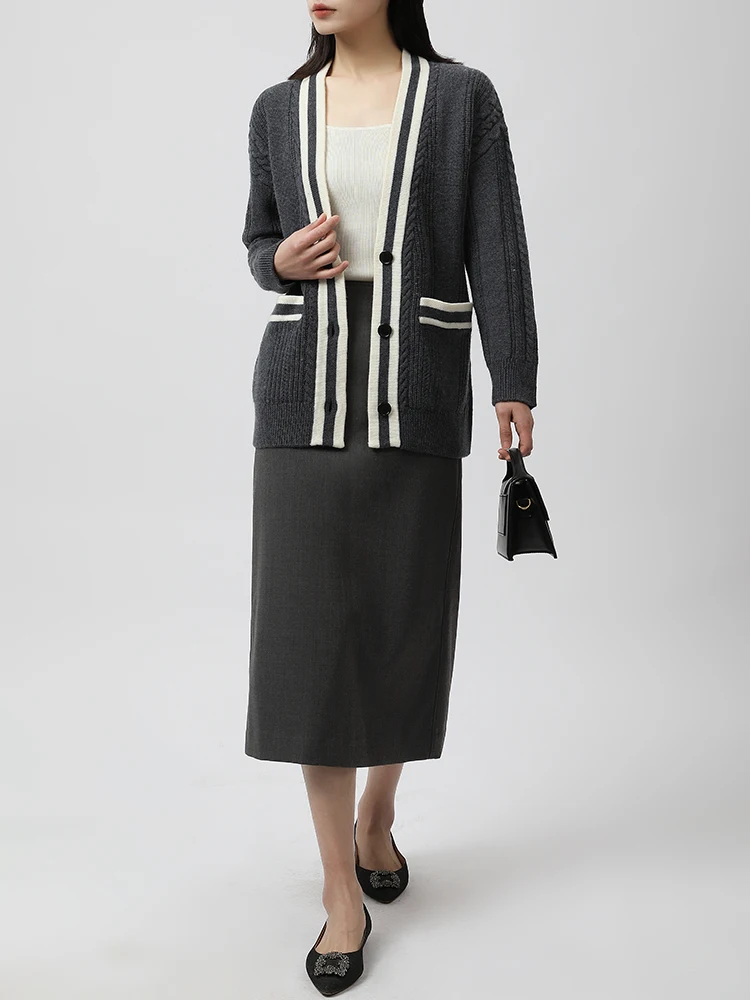 

Mas&Jm New Wool Knitted V-ne Sweater Color Blo Medium-length Open Cardigan Coat Simple Sle Long Sve