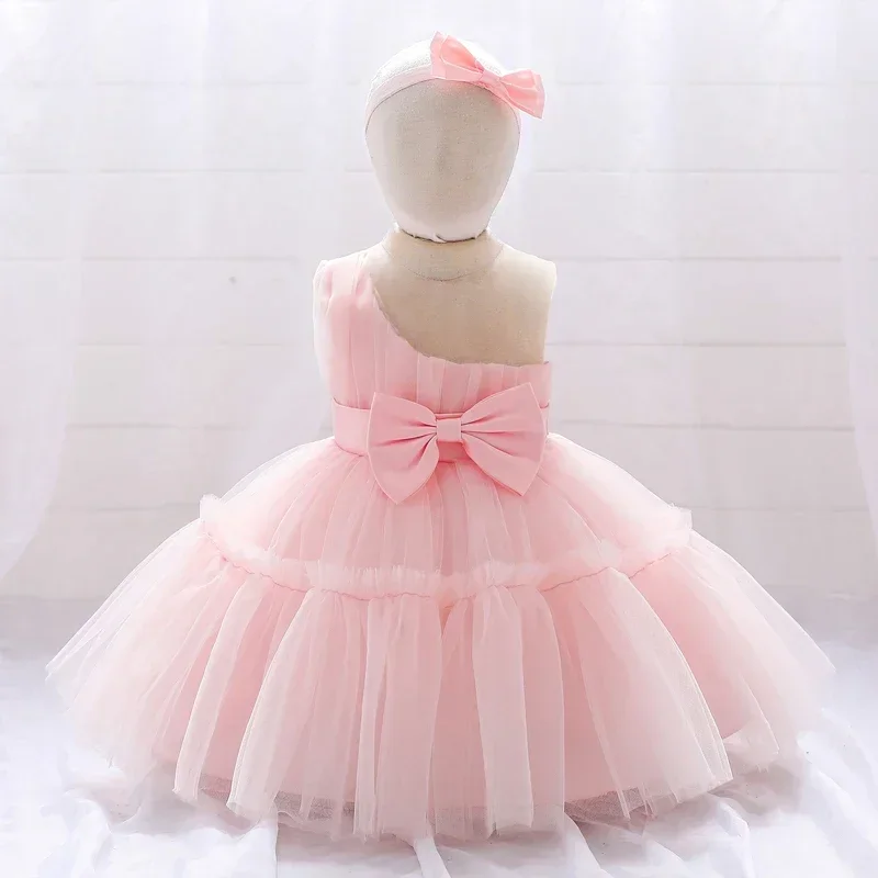 Baby Girl First Birthday Party Dress 12 Month Newborn Girls One Shoulder Bow Tulle Tutu Dresses Infant Pageant Princess Costume