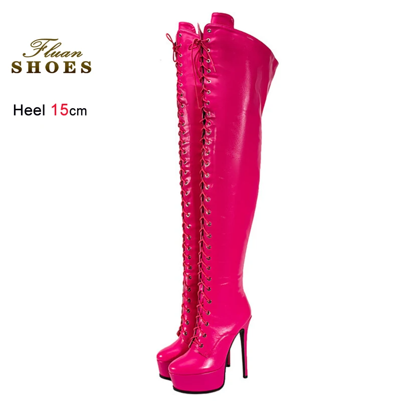 

Sexy Rivets Autumn Winter Rose Red Women's Over-the Knee High Boots Thin Heels 15cm Platform Lace Up Zipper Pole Dance Shoes CD