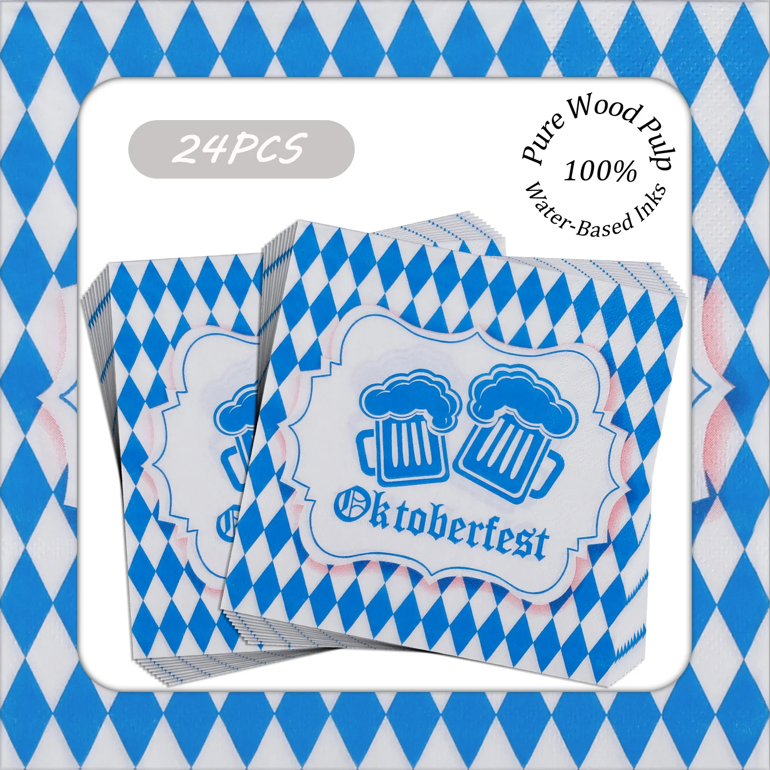 

24pcs Oktoberfest Beer Mug Blue and White Bavarian Paper Napkins 33x33cm Disposable for Oktoberfest, Beer Festival, Party