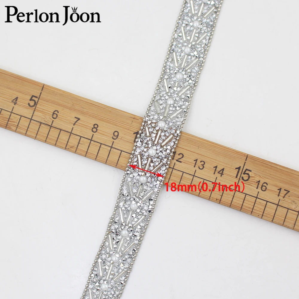 18mm silver pearl beads chain rhinestone trim tape hot fix craft crystal decoration iron on webbing clothing bags shoes TR167