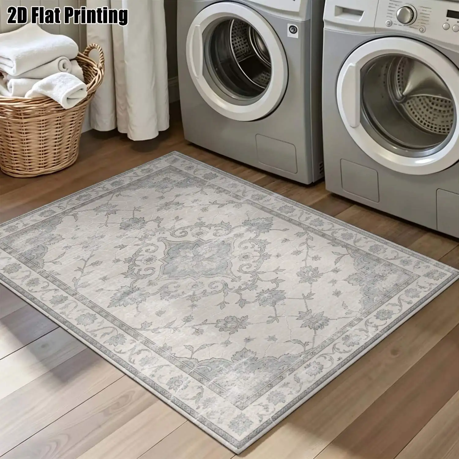 1Pc 2D Printed Blue-Grey Retro Pattern Carpet, European Vintage Geometric Design, Machine Washable, Multi-Size Home Decor Mat for Entrance, Dining Room, Bedroom, Living Room