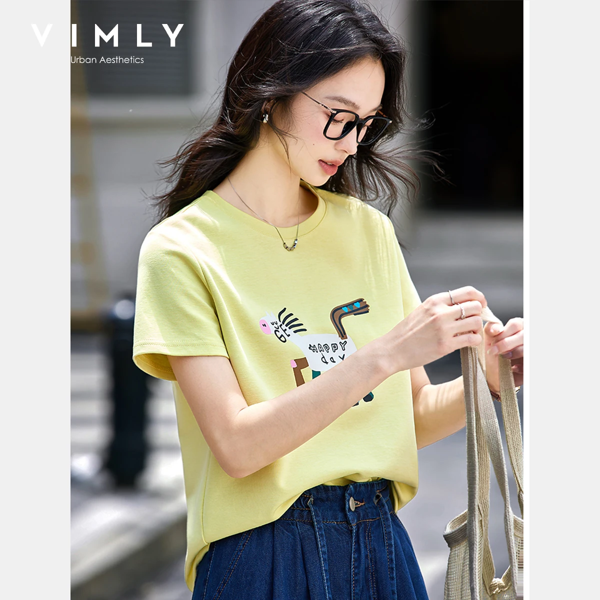 VIMLY Cartoon Printed T-shirt Women's Summer 2025 Casual Knitted Yellow Cartoon Crew Neck Woman Short Sleeve Ladies Tops  A1881