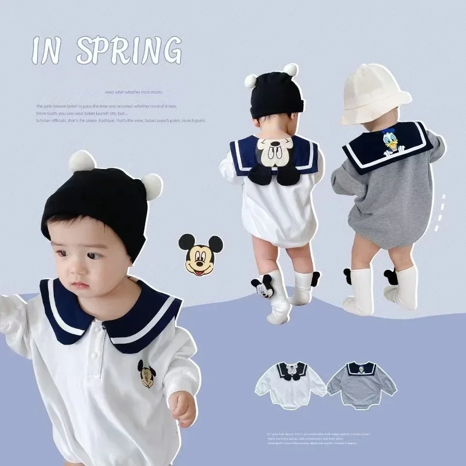 Newborn Baby Rompers Socks Set Spring Autumn Cartoon Mickey Mouse Donald Boys Girls Jumpsuit Infant Cotton Long Sleeve Bodysuits