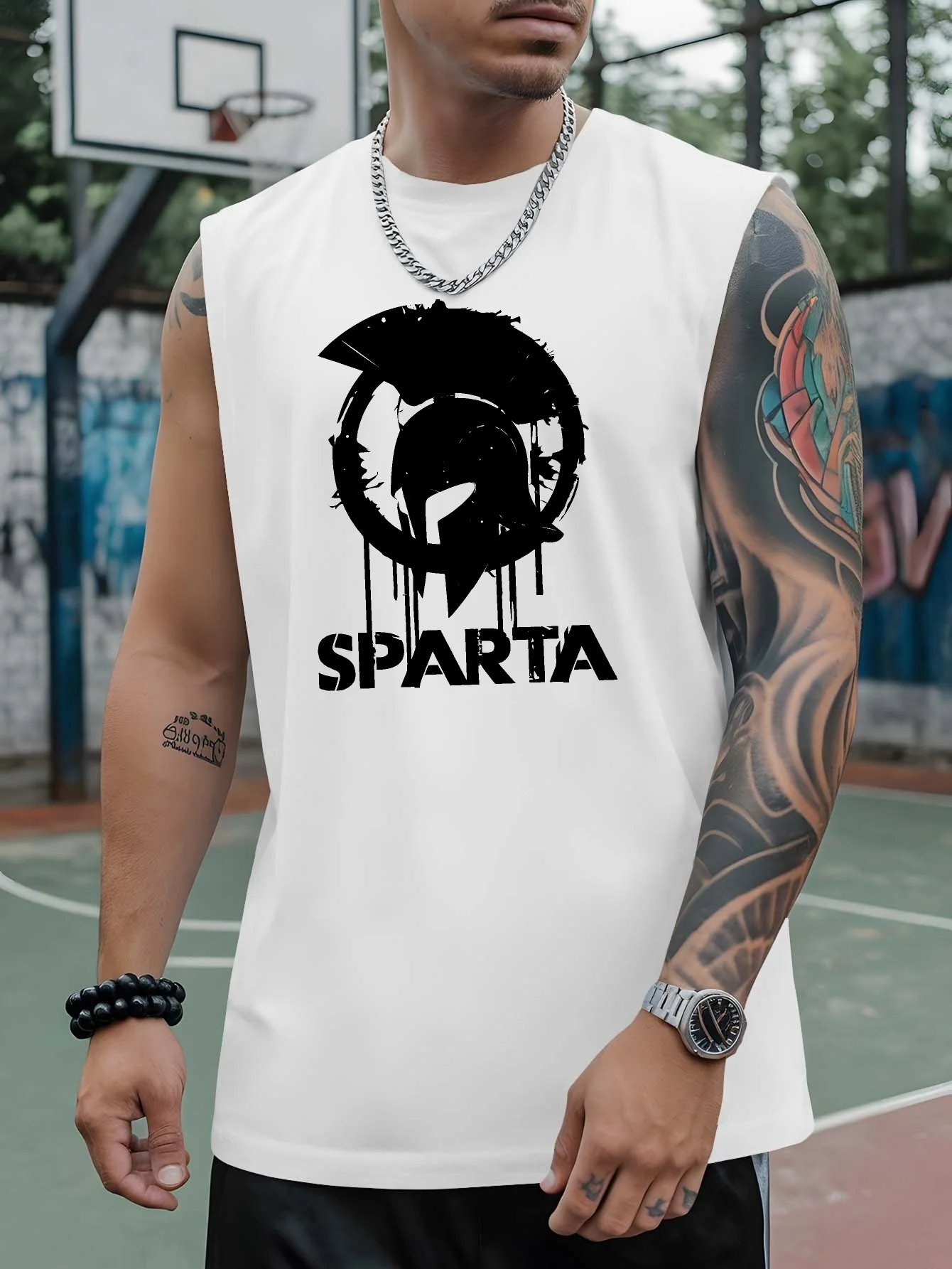 

Spartan Warrior Logo Men's Loose Fit Sports V-Neck T-Shirt, Breathable Quick-Drying Basketball Fitness Sleeveless T-Shirt