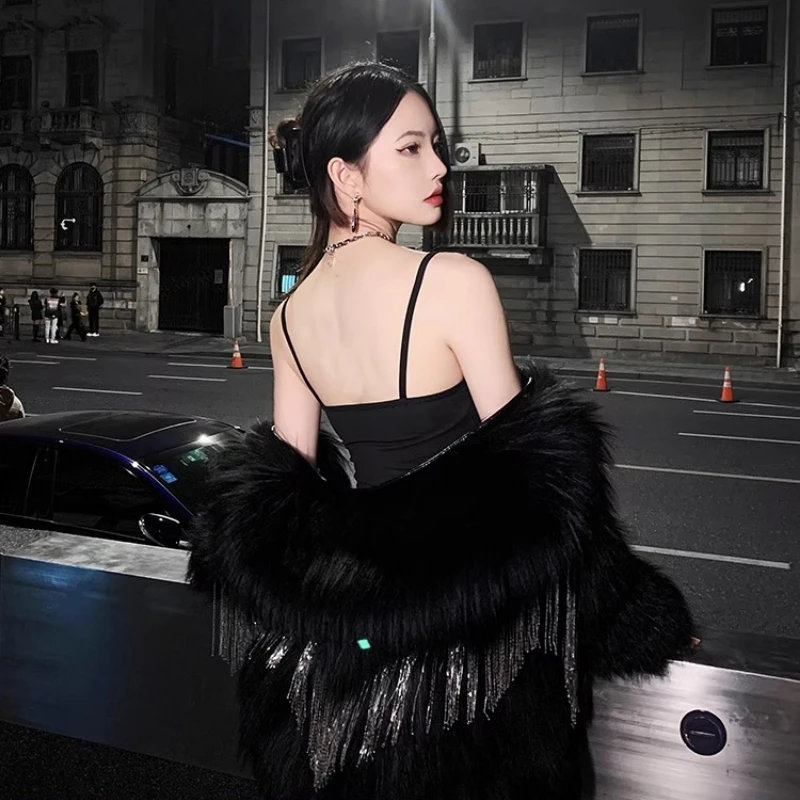 YOLANFAIRY 가을 겨울 수입 여우털 코트 여성 순색 두꺼운 브이넥 짜임 프린지 퍼 코트 2025