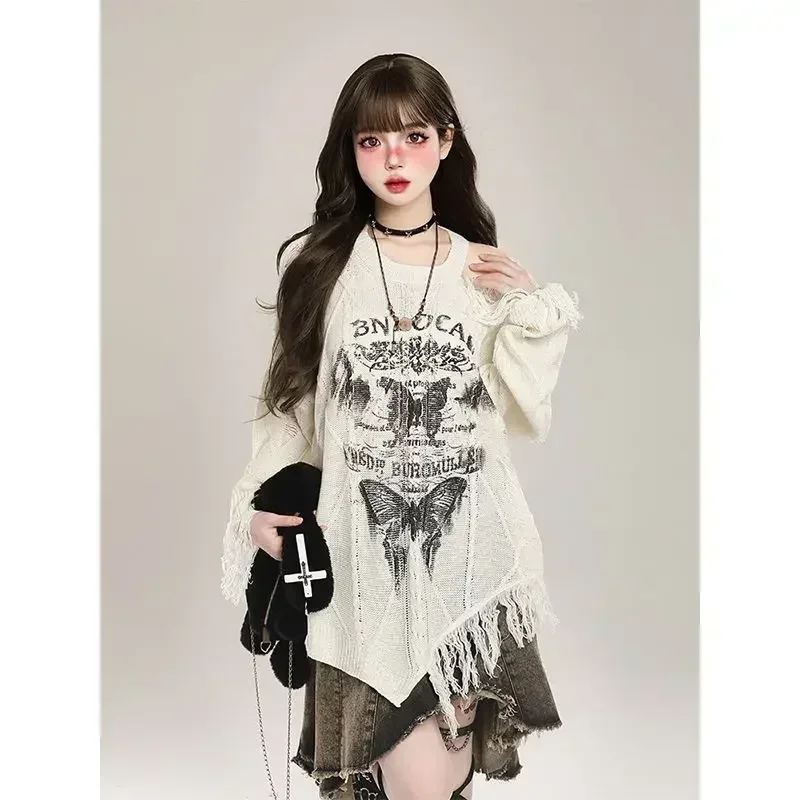 

Gothic Goth Harajuku Grunge Butterfly Print Sweater Women Y2k Aesthetic Hollow Out Streetwear Pullovers 2025 Spring