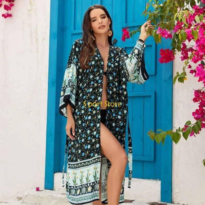 U2JB Women Beach Swimsuit Cover Up Long Sleeve Open Front Flower Bohemian Summer Loose Kimono Cardigans with Belt Beach Dress