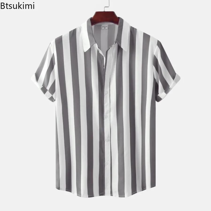 Summer New Men's Striped Shirts Fashion Short Sleeve Casual Shirts Man Classic Simple Tops Cardigan Oversize Blouse Male Hawaii