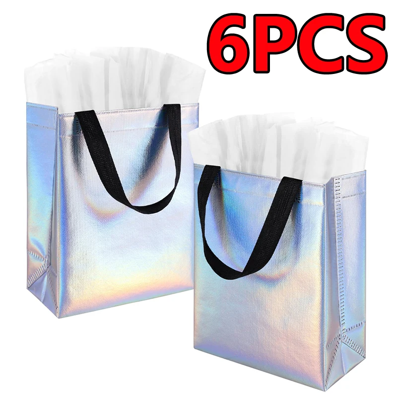 6Pcs Fashion Silver Gift Shopping Bag Reusable Storage Bags for Women Girls Bridesmaids Birthday Party Wedding Party Supplies