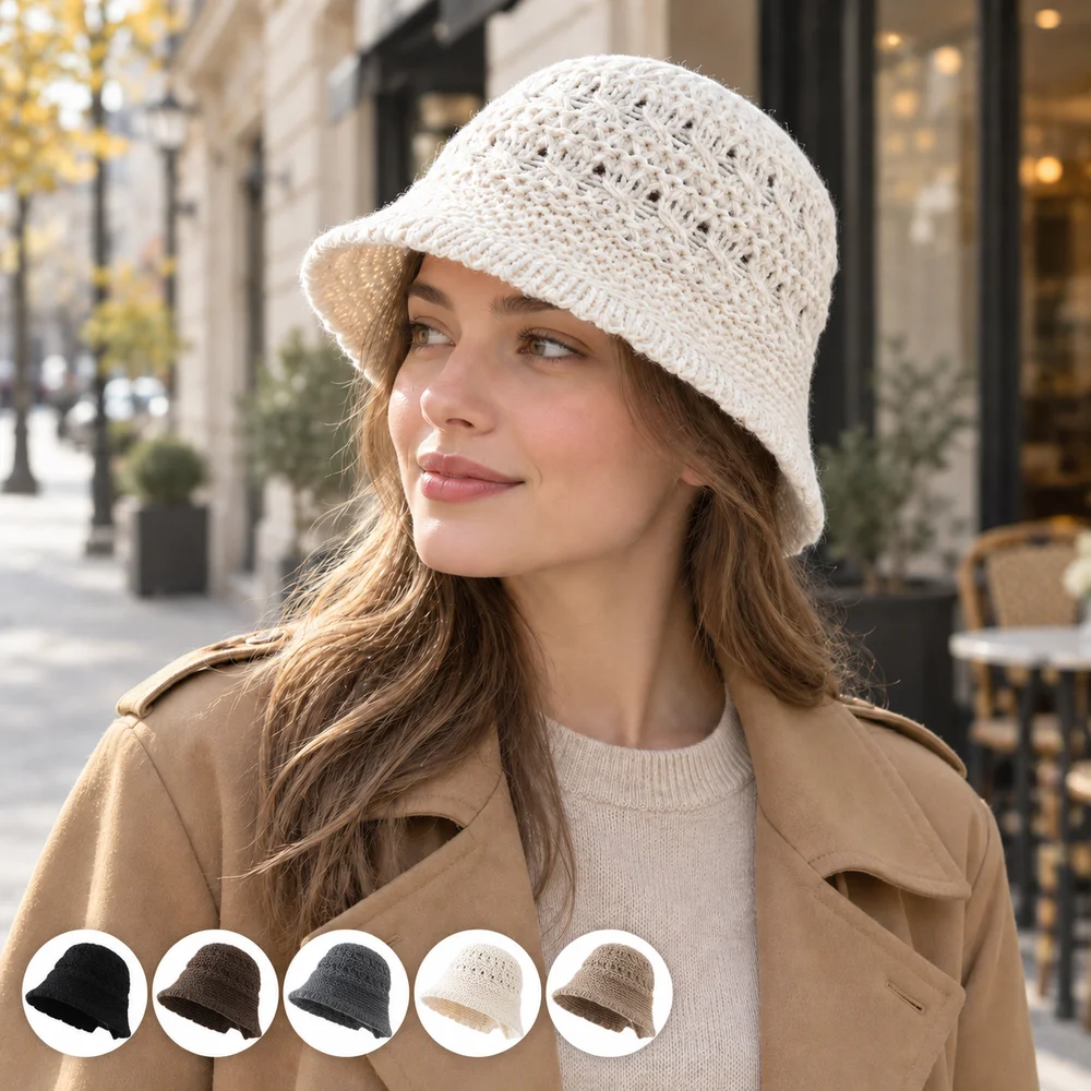 Women Openwork Knitted Bucket Hat Soft Asymmetric Brim Cap Casual Autumn Winter Outdoor Fashion Headwear
