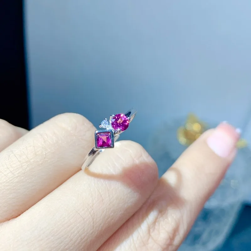 New Four Prong Square Natural Garnet Red Ring 925 Stamp Fashion Jewelry Wedding Engagement Gift for Women