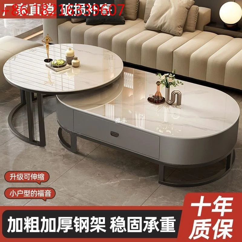 غرفة معيشة إيطالية فاخرة من الزجاج البيضاوي الخفيف، مجموعة طاولة قهوة رخامية راقية