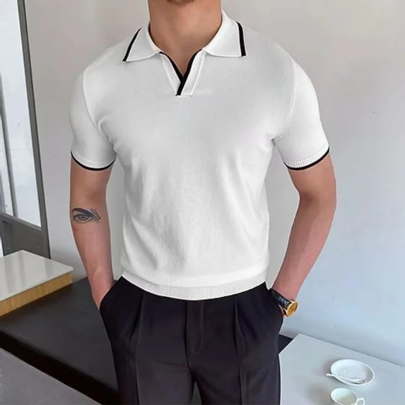 Fashion Simple Casual Summer New Panelled Polo Shirt Men\'s Lapel Patchwork Versatile Short Sleeved Versatile Slim Elasticity Top