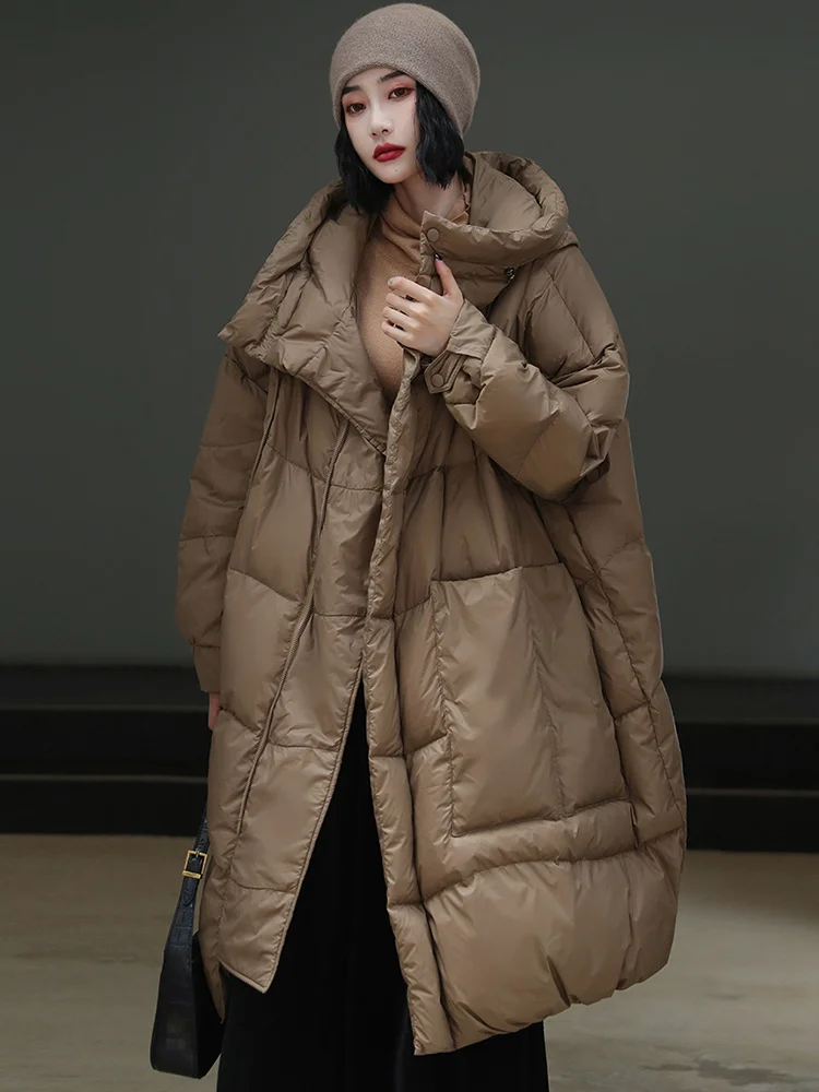 

White 2023 New Winter Women Oversize 90% Duck Down Jackets Thick Warm Loose Puffer Coat Female Long Casual Hooded Parka