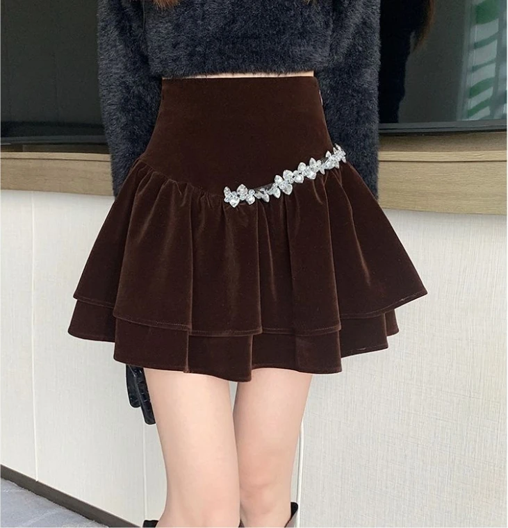 Coffee Velvet Skirt For Women Autumn Winter High Waist A-Line Puffy Short  Petite Pleated Streetwear Japanese Kawaii Clothing