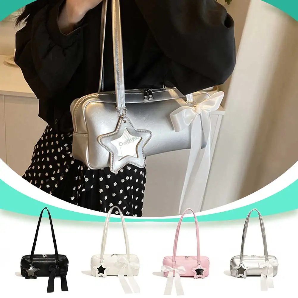 

Women Fashion Shoulder Purse with Star Pendant Y2K Underarm Bag PU Leather Bow Underarm Handbag Girls Outdoor Daily Bag