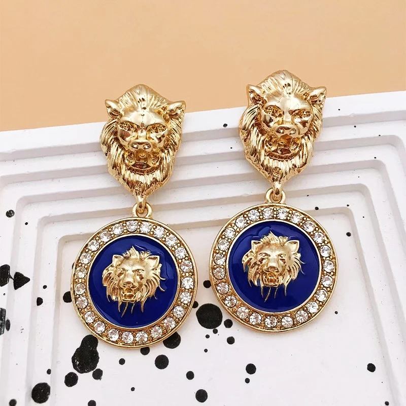 European and American Personality Lion Head Earrings Metal Geometric Exaggerated Punk Retro Female Gothic Ear Jewelry