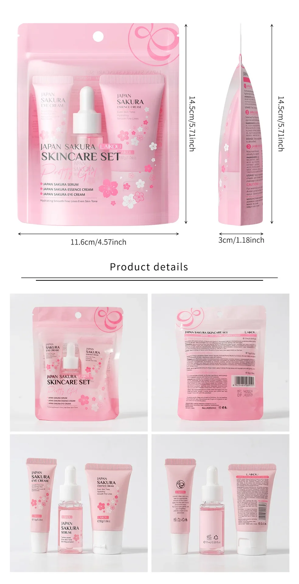 LAIKOU Sakura Set per la cura della pelle Crema per gli occhi all'essenza da 3 pezzi Crema per il viso