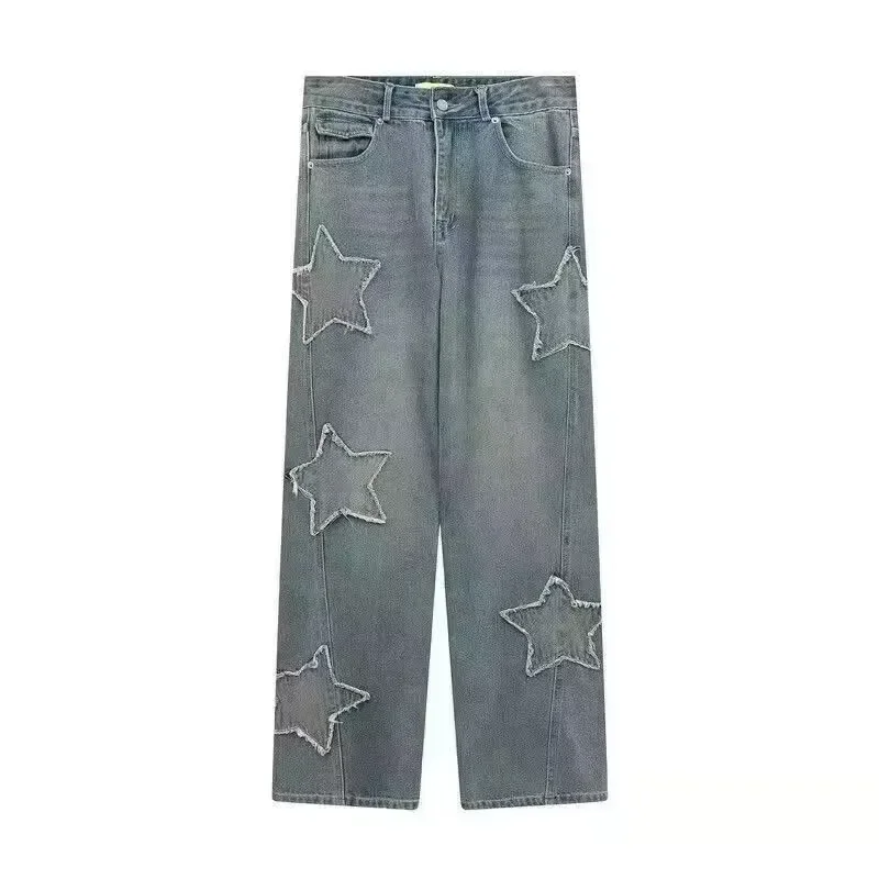 

Jeans Washed Star Graphic Patch Floor Length Distressed Straight Trousers Vintage Denims Women Wide Leg Pants Streetwear