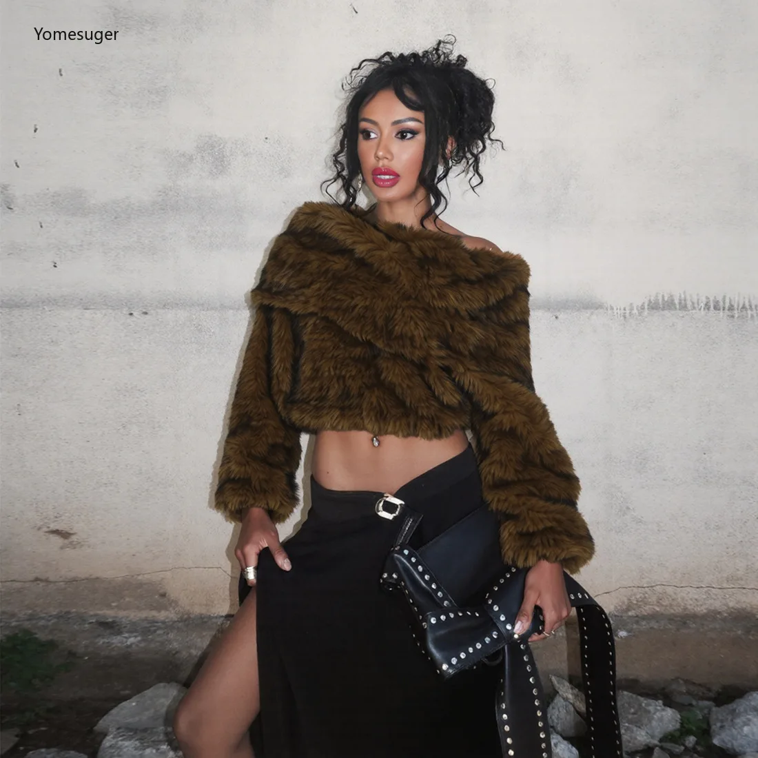 

Yomesugar осенние женские пушистые пуловеры, сексуальные укороченные топы с открытыми плечами и длинными рукавами, модная теплая верхняя одежда, уличная одежда в стиле Харадзюку