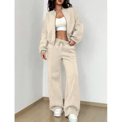 2024 Solid Sport Two-piece Set Jacket Pant Women Fashion Long Sleeve Zipper Coat&Casual Pant Sweatshirt Suit Versatile Sportwear