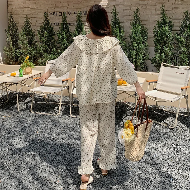 Spring And Autumn Korean Style Instagram Floral Pure Cotton Pajamas Cute Crepe Set Loose Comfortable Home Clothing For Women