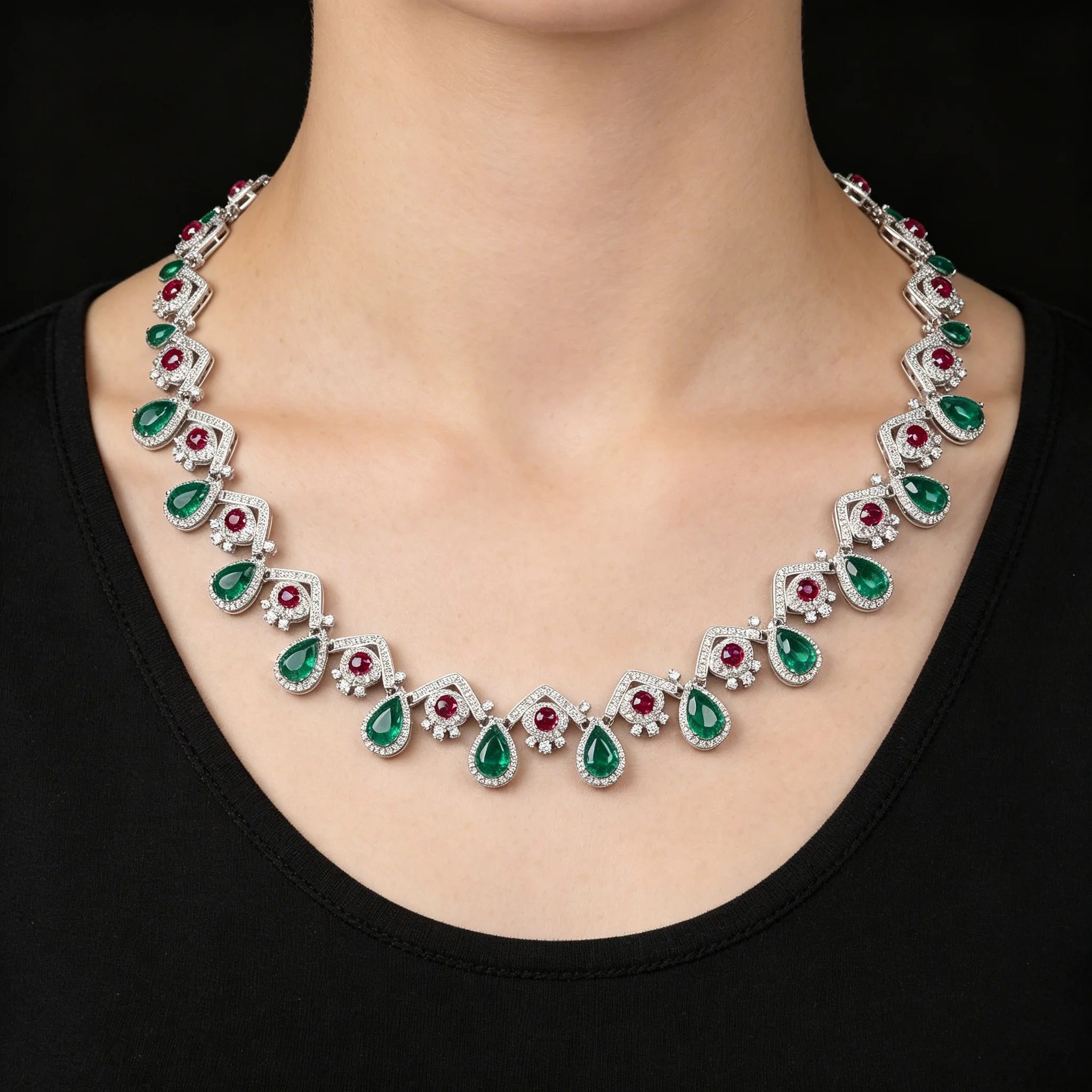 Art Deco 925 Sterling Silver Rhodium Plated Necklace 1ct Pear Artificial Emerald Luxury Fine Jewelry for Women's Banquet Gift