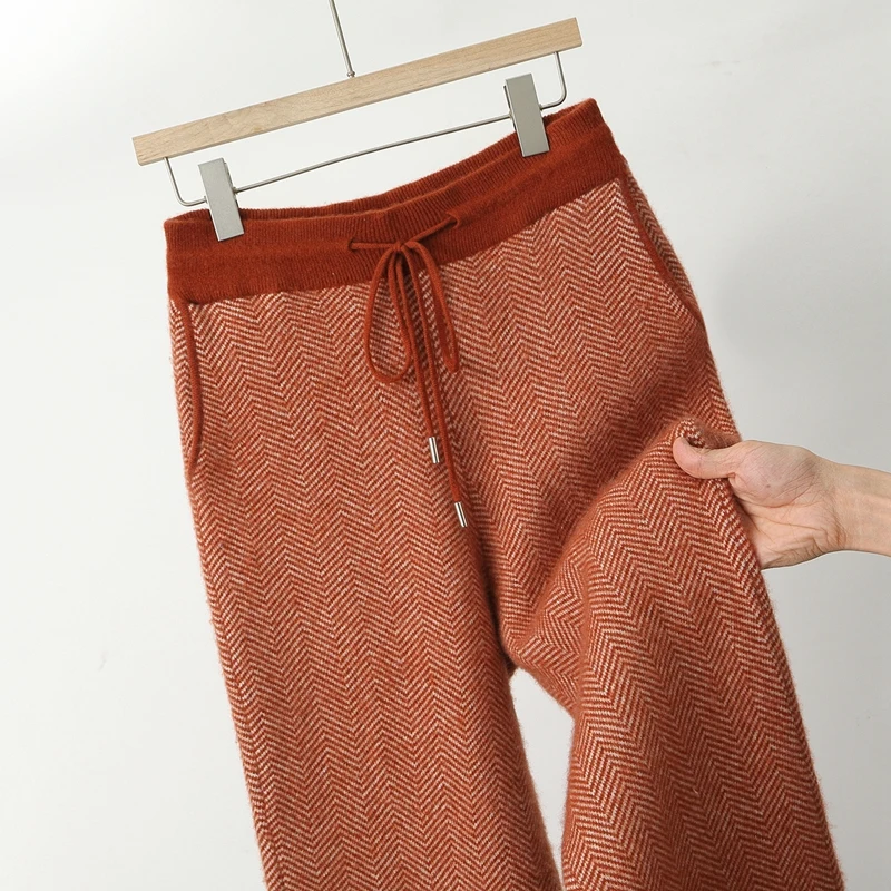 

Winter Pure Wool Trousers Men's Herringbone High Waist Straight Pants Jacquard Sports Casual Wool Lace-up Pants