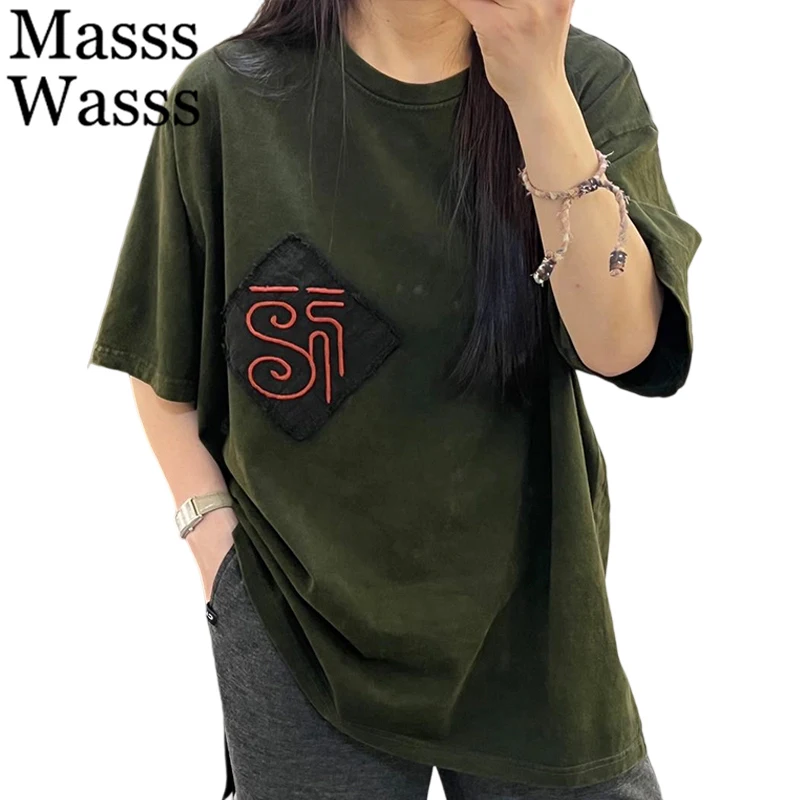 

Masss Wasss 2025 Summer Fashion Embroidery Womens T-shirts Vintage Loose Leisure Tops Classic O Neck Elegant Casual Ladies Tops