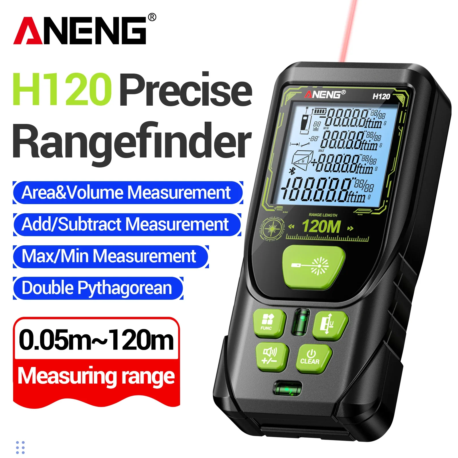ANENG H120 Digital Laser Rangefinder Single Continuous Max Min Measurement Add Subtract 30 Groups Data Storage Multi Unit Switch