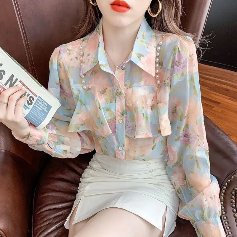 2024 Spring and Autumn New Elegant Women\'s Shirt Long-sleeved Base Shirt Women\'s Loose Chiffon Shirt Inner and Outer Blouse