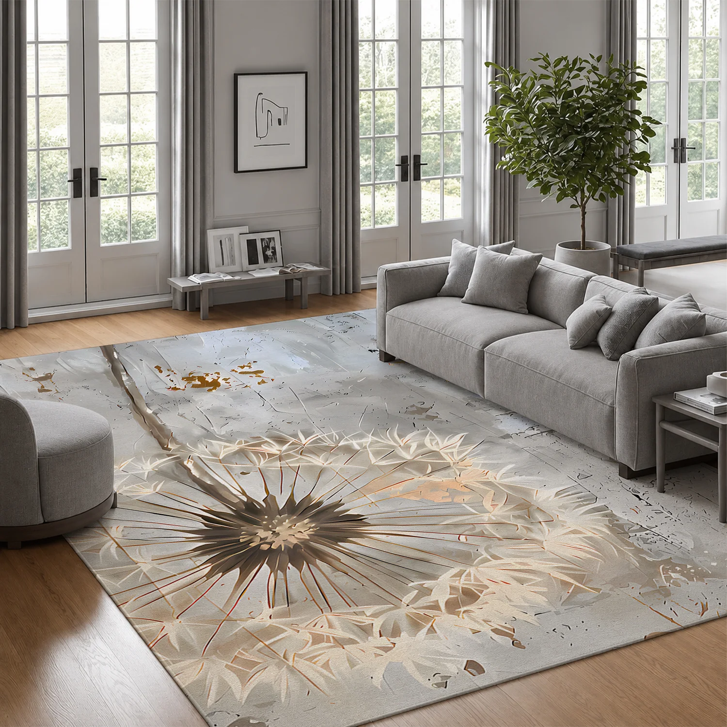 Large Indoor Area Rug, Soft Velvet Low Pile with Non-Slip Dotted Backing, Machine Washable Abstract Dandelion Flower Pattern in Neutral Gold and Gray, Ideal for Living Room and Bedroom