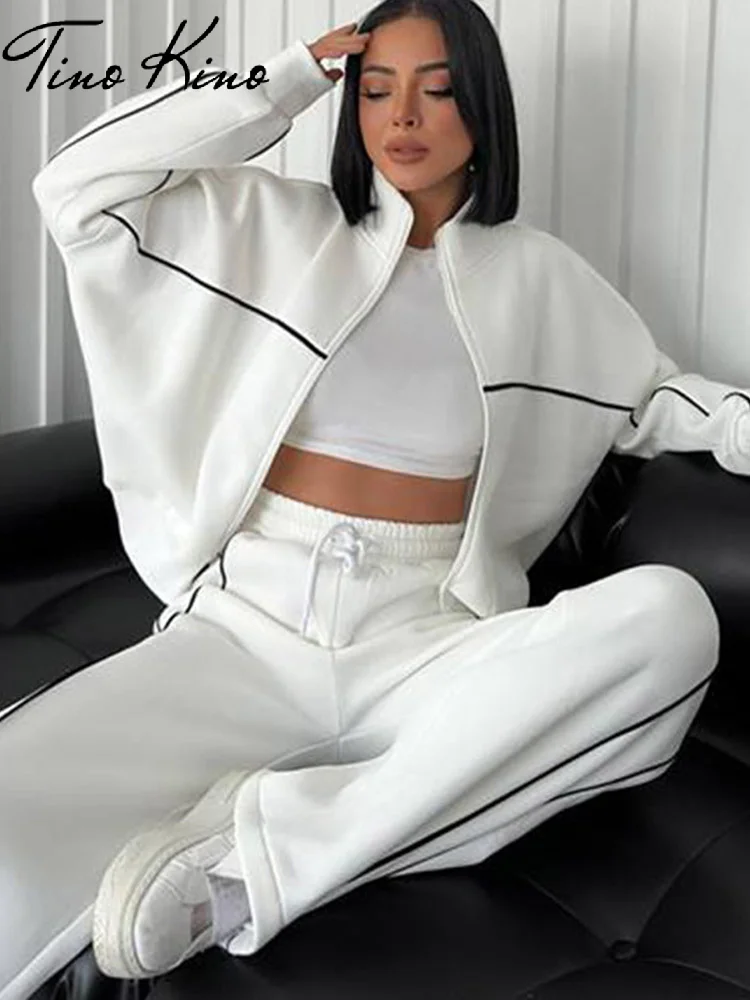 Sport Stripe Sweatshirt Two Piece Set Women White Turtleneck Long Sleeve Elastic Waist Pant Sets Female 2024 Autumn Winter