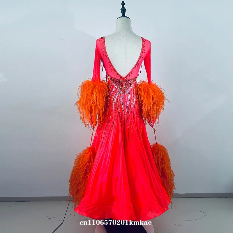 V-Neck Red Ballroom Dance Dress with Feather Sleeves Rhinestone Skirt for Women Competition