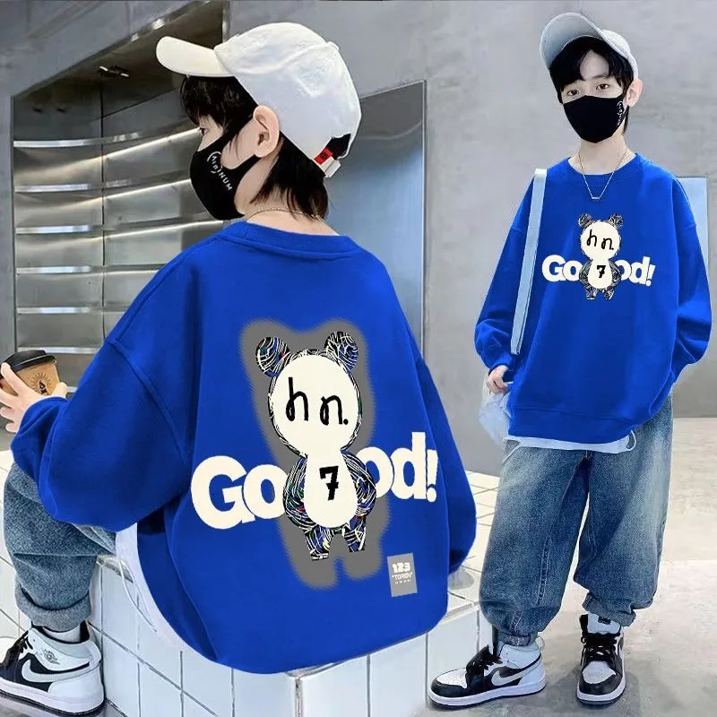 

Новинка 2025 года, модная толстовка с круглым вырезом и длинными рукавами для мальчиков, осенне-весенний детский топ среднего и большого размера в корейском стиле