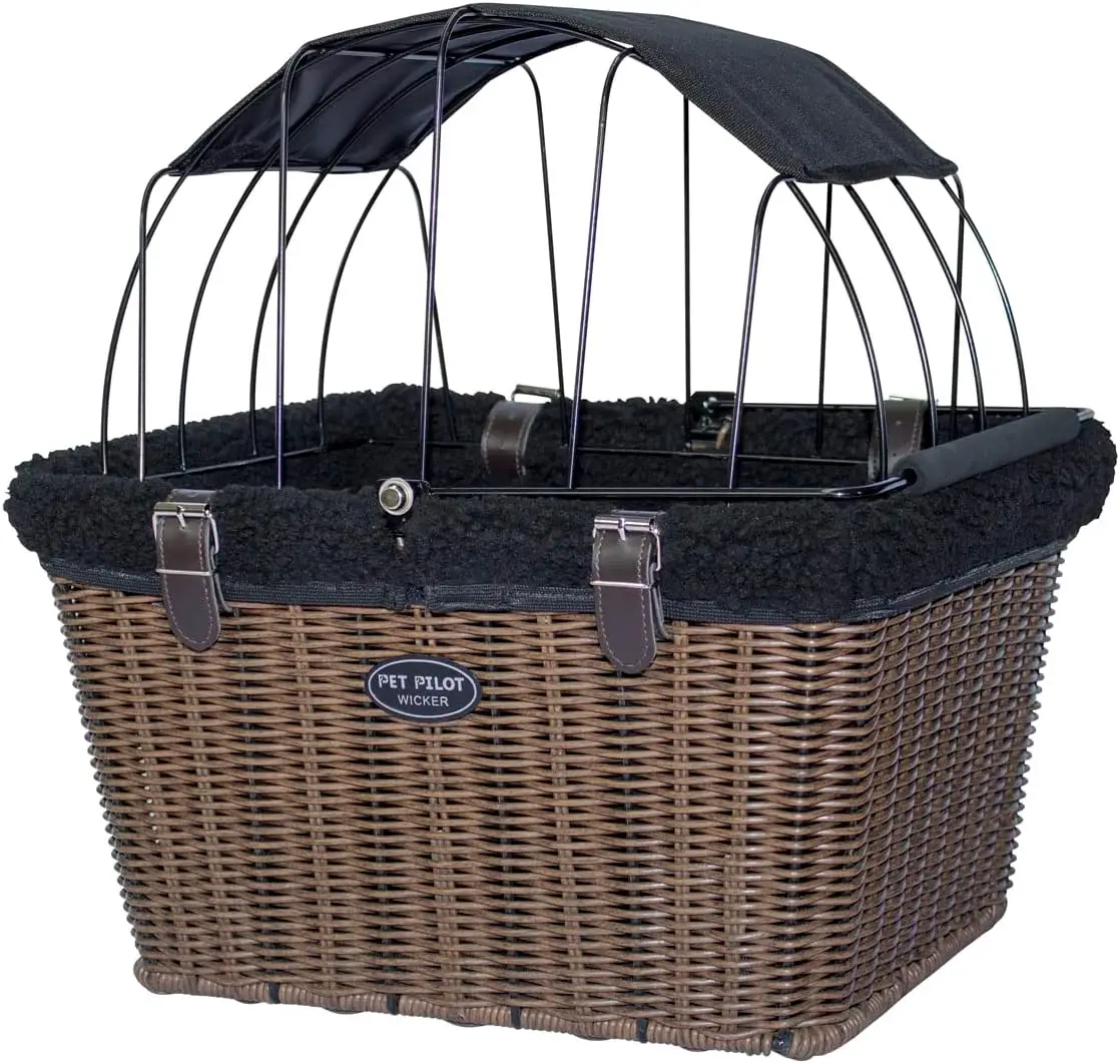 

Wicker Bike Basket for Dogs/Cats - Includes Wire Cage Top w/Sun Shade + Plush Removable Padded Liner