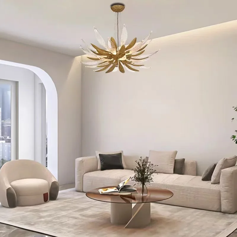 الفرنسية الأزهار الاكريليك قلادة مصباح الفولاذ المقاوم للصدأ الراتنج النحاس الذهب والفضة عكس الضوء الأسقف بريق لغرفة المعيشة #6