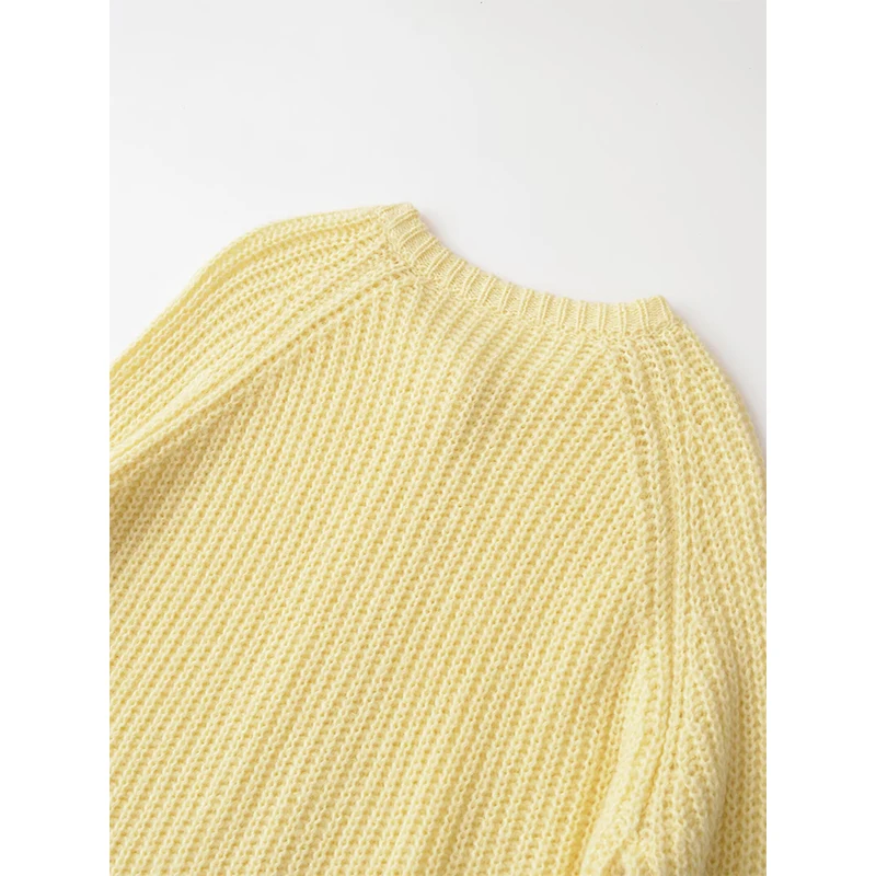 2025 Women Single Breasted Yellow Knit Cardigan Long Sleeve O Neck Loose Autumn Sweater Coat