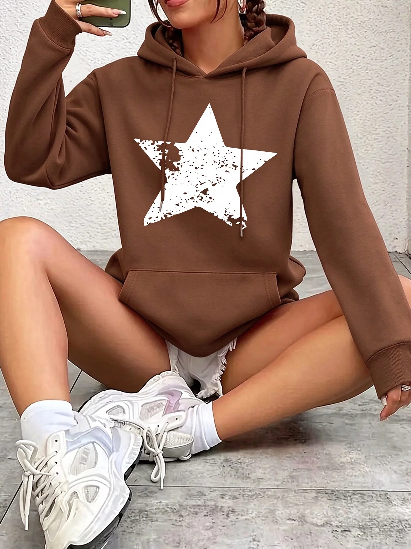 Women's Fashion Star Print Casual Hoodies Sweatshirt Graphic Y2k Hooded Pullovers 90s Vintage Style Clothes Streetwear Female