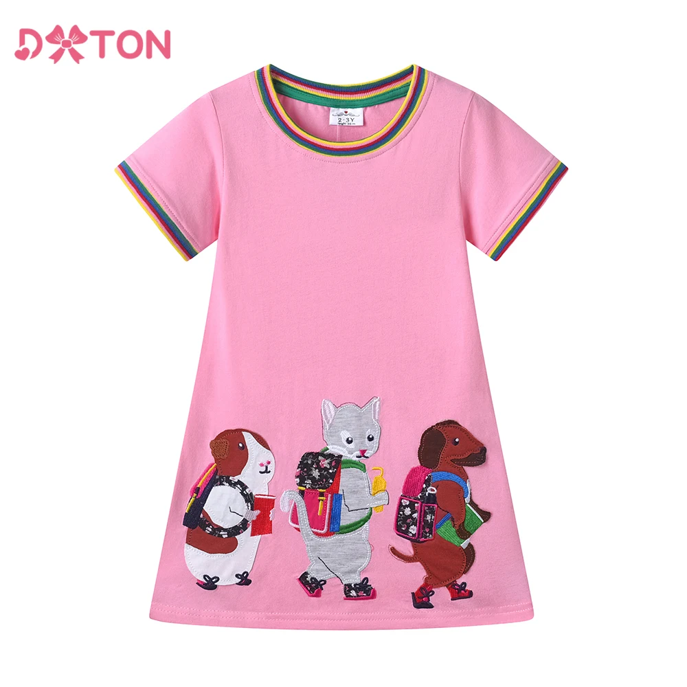 

DXTON Short Sleeve Girls Dresses Summer Cotton Toddler Casual Kids Dress Rainbow Kangaroo Cartoon Children Straight Dress 3-10Ys