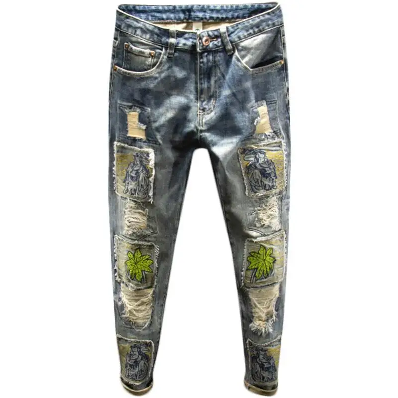 

Весенне-осенний стиль 2025. Рваные джинсы с вышивкой. Мужские облегающие брюки с нашивками на маленькие ноги. Дизайнерские комбинезоны. Брюки-карго.