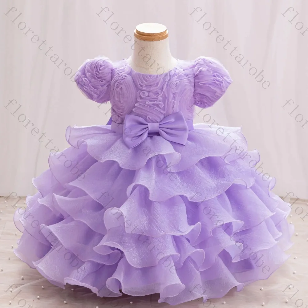 Customized Lavender Purple Puff Sleeve 3D Rose Toddler Girl Dress Big Satin Bow Multi Layer Ruffle Tulle Mini Ball Gown Birthday