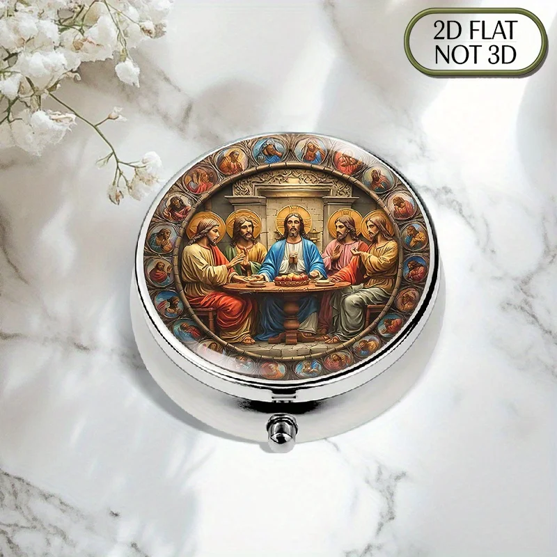 A flat, portable, round metal pill box, featuring a family dinner scene on a white background, suitable for storing medication, vitamins, and other items. It is a great gift for Father's Day or Independence Day, with a flat design