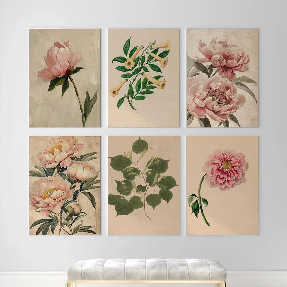 خمر نبات النخيل الأزهار الملصقات النباتية الجميلة الفاوانيا الحديثة يطبع حائط لوح رسم صور ديكور غرفة المعيشة المنزلي