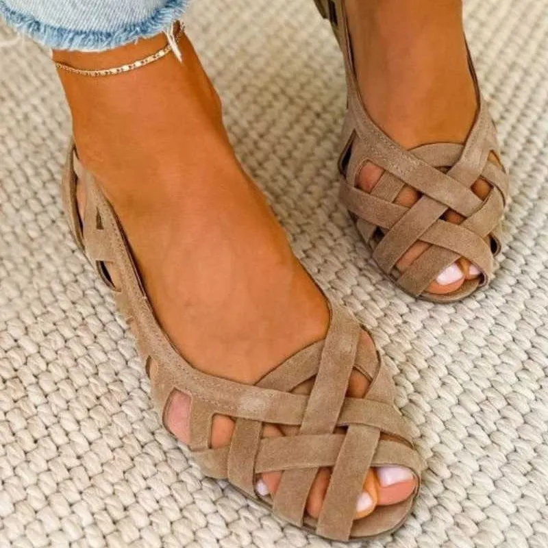 Faux Suede Woven Flat Sandals Women Hollow Cutout Slip On Summer Casual Beach Shoes