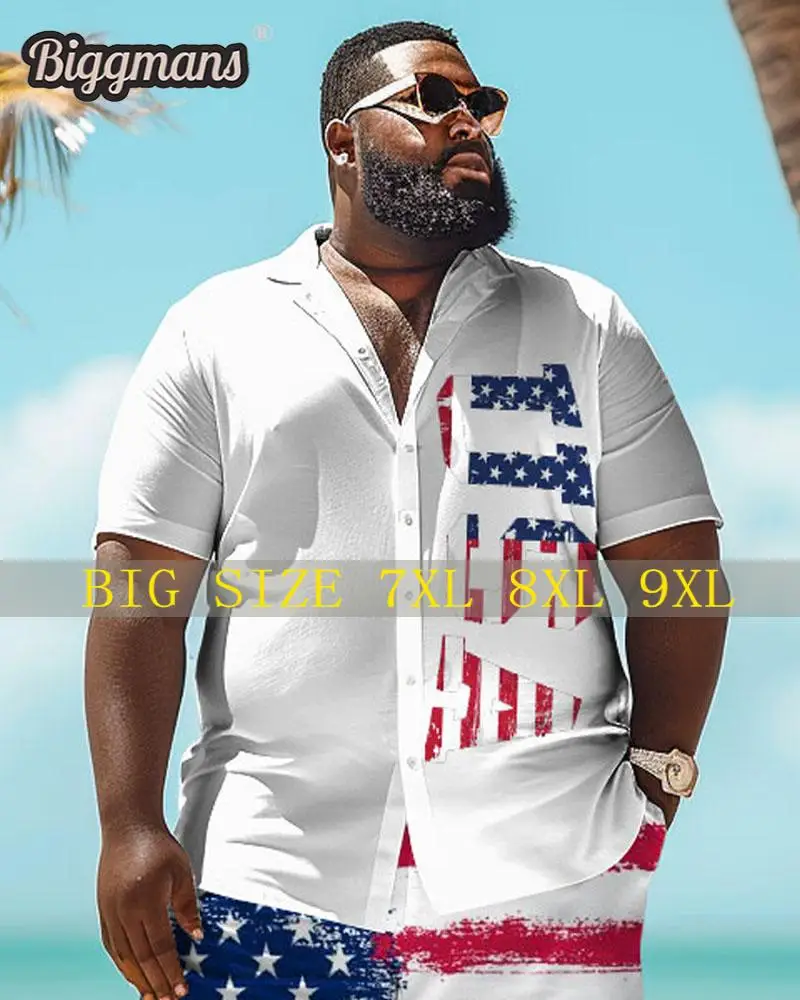 

Biggmans Shirt Plus Size L-9Xl for Summer Beach Men's Plus Size Independence Day Flag Gesture Print Short Sleeve Shirt Top 7Xl