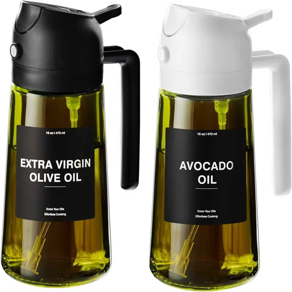 470 ml oliespuit voor koken, 2-in-1 olijfoliedispenser en oliespuitfles, oliespray met stickers, dikke glazen spuitfles
